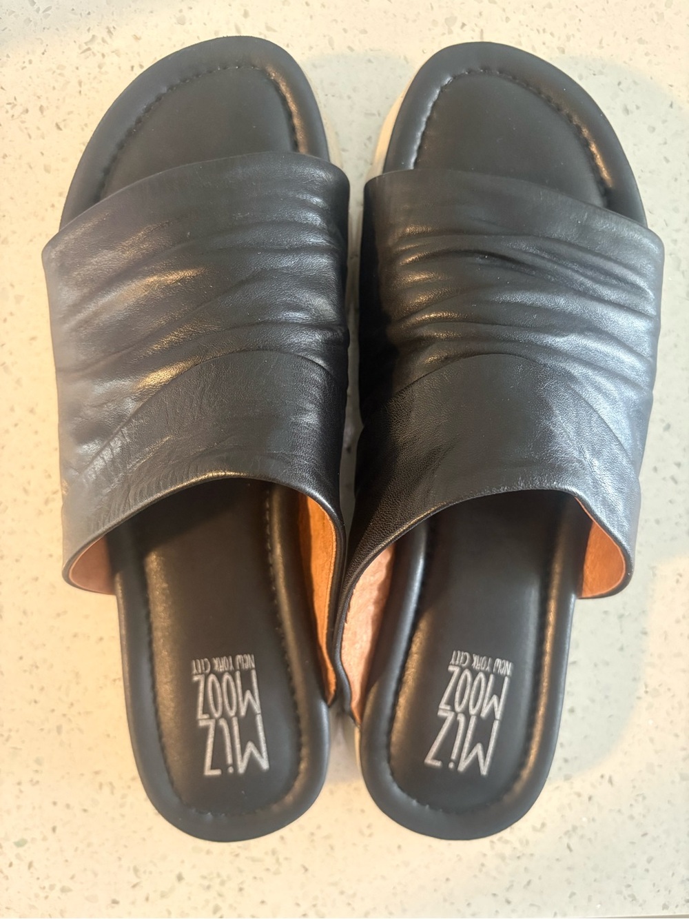 Miz Mooz Black Ruched Leather Slide Mules